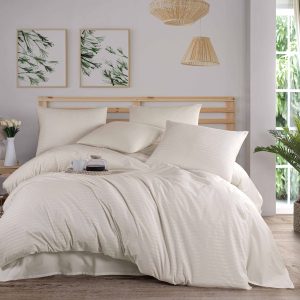 מצעים בדוגמת פסים - צבע שמנת - 100% כותנה